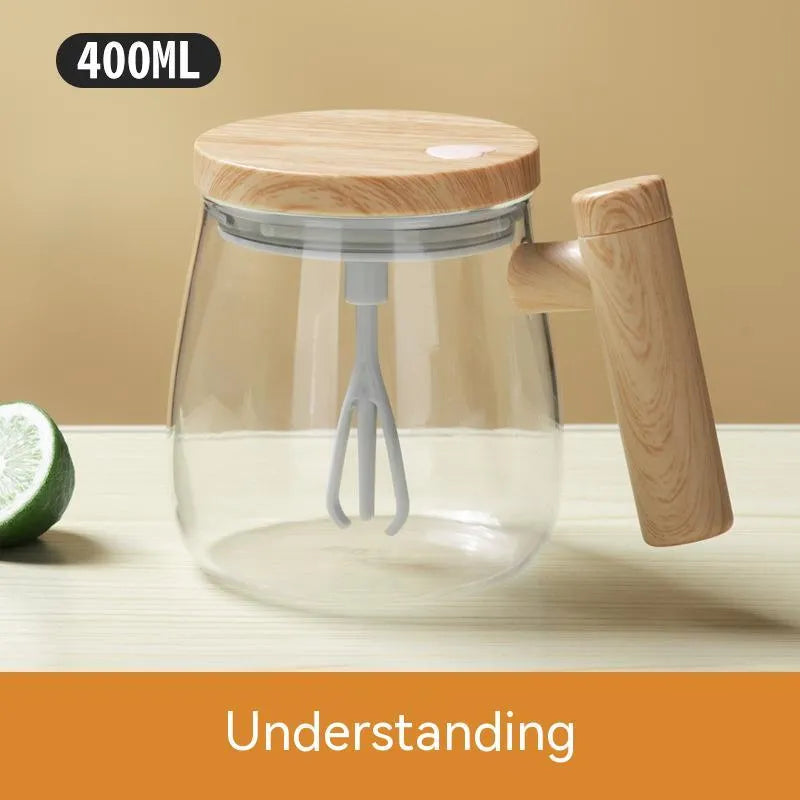 Clear borosilicate glass electric self-stirring coffee mug with 400ml capacity.