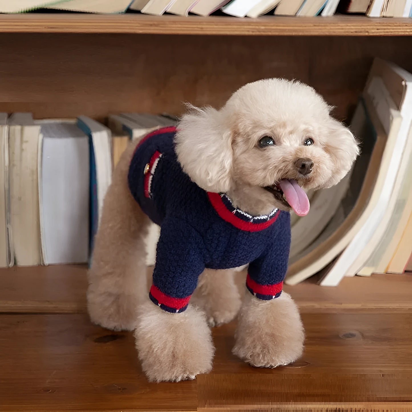 Blue wool knitted dog cardigan sweater with classic princess style design shown on mannequin