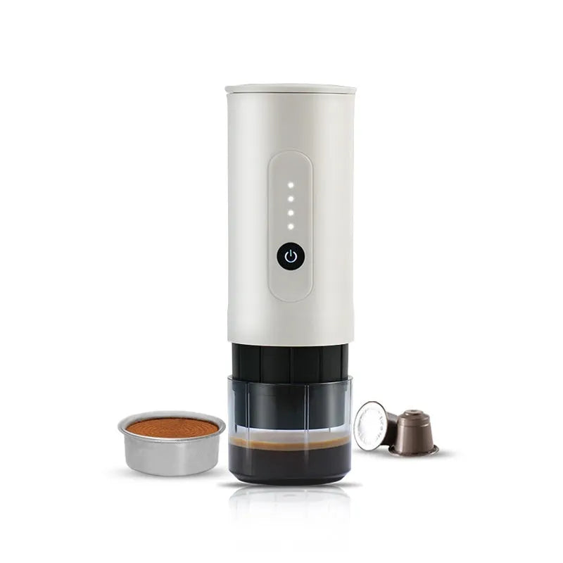 Portable stainless steel coffee machine with car charger power cord in Jungle Green colour.