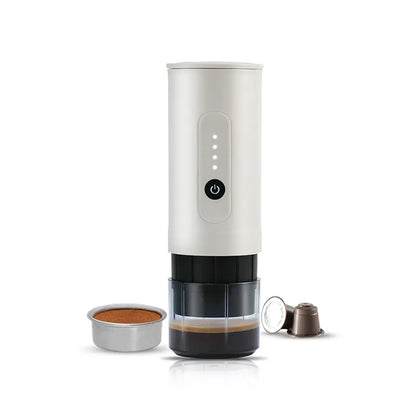 Portable stainless steel coffee machine with car charger power cord in Jungle Green colour.
