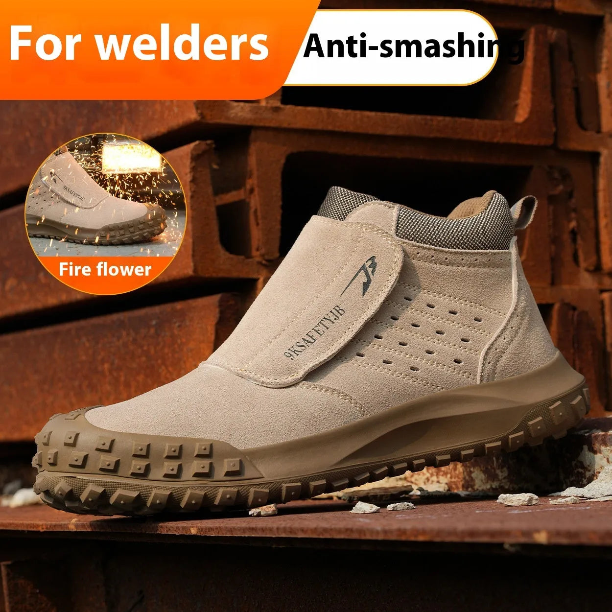 Low-top welder safety work shoe in sand colour with steel toe cap and lace-up front.