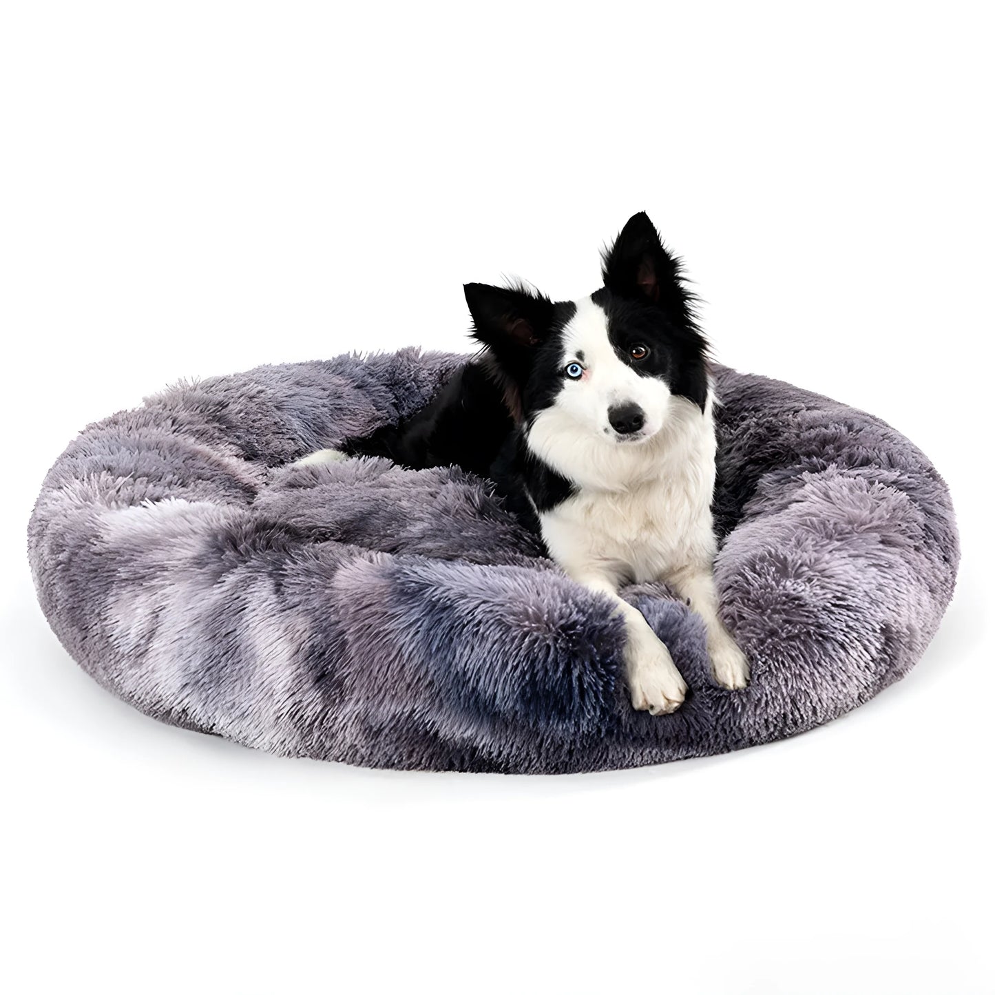 Fluffy donut-shaped pet bed with raised bolster edge in long plush material