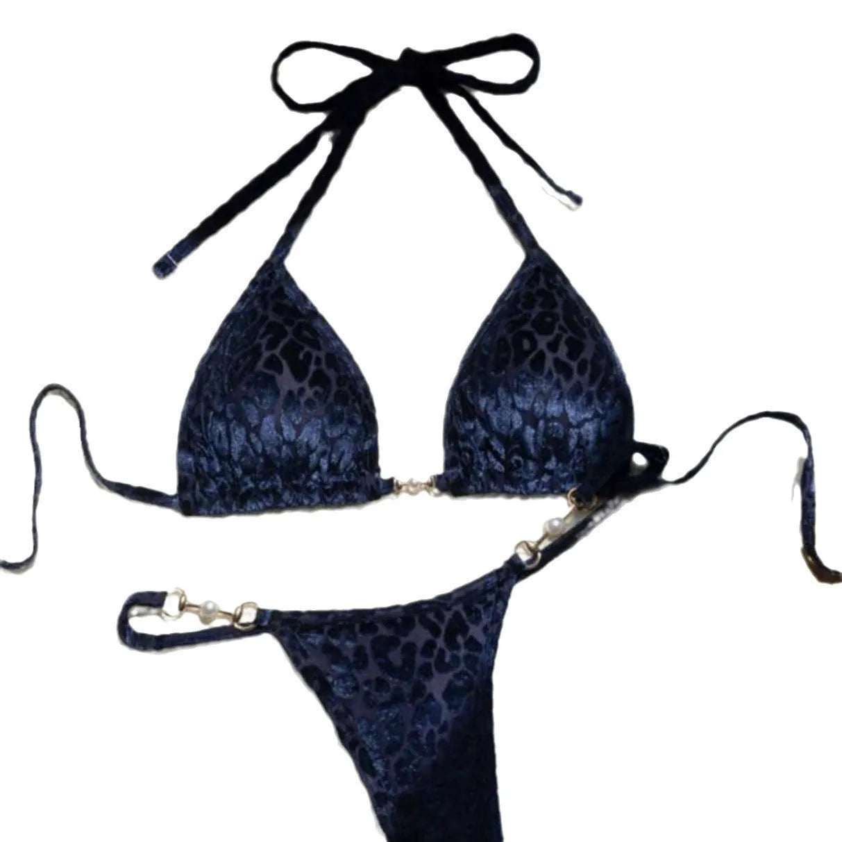 Women's leopard print bikini swimsuit set in various colours including blue and green, shown in triangle and skirt styles.