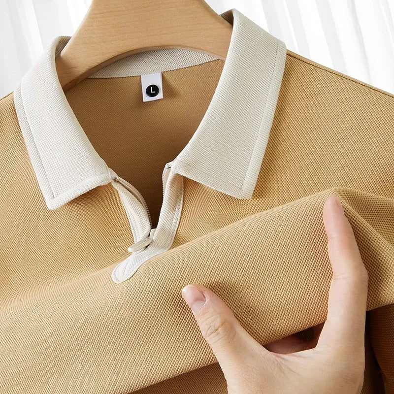 Polo shirt with zipper and lapel in solid colour short sleeve loose fit casual style made from nylon fabric available in navy blue classic white classic black khaki peacock green light blue moss green Angora red