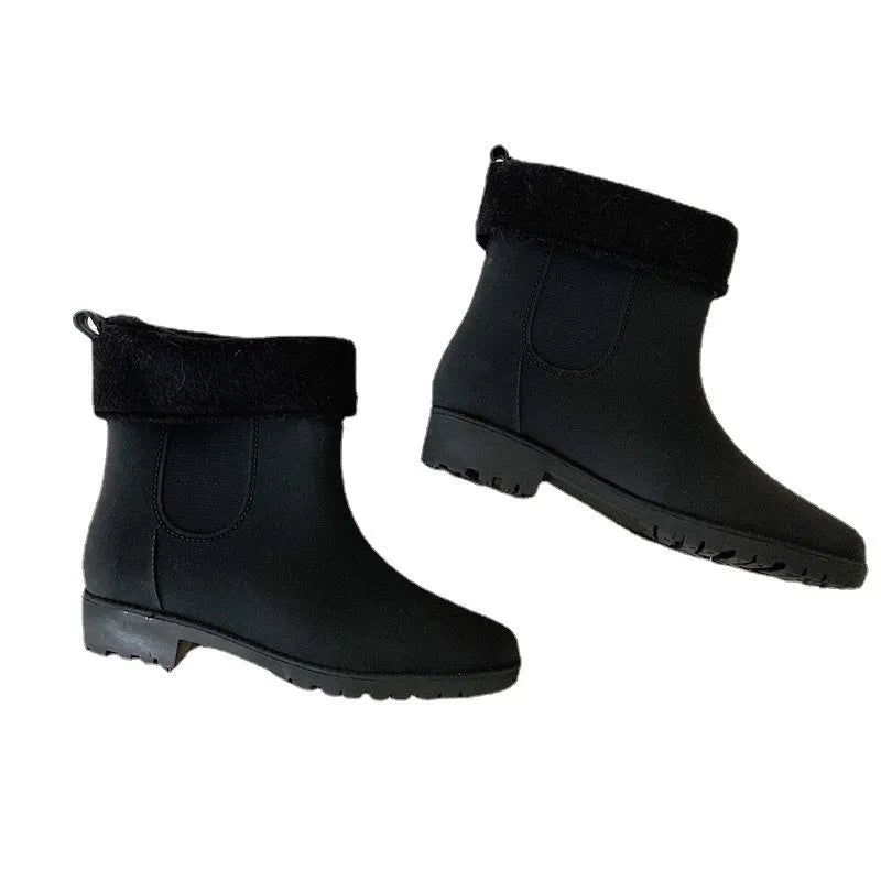 Pair of short casual PVC rain boots with non-slip sole and 3-5cm mid heel, shown in pink, milky white, and black