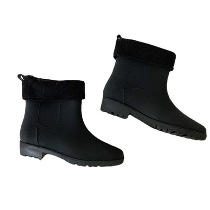 Pair of short casual PVC rain boots with non-slip sole and 3-5cm mid heel, shown in pink, milky white, and black