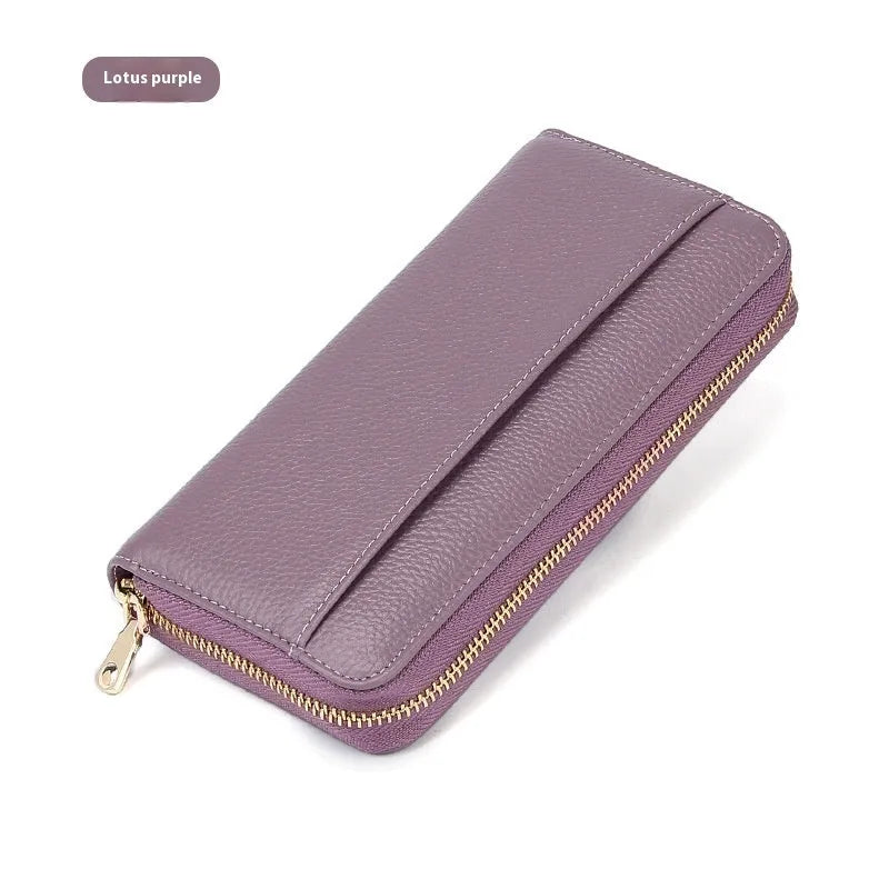 Long genuine leather women's wallet in black with anti-theft card protection and large storage capacity