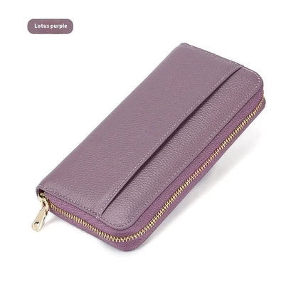 Long genuine leather women's wallet in black with anti-theft card protection and large storage capacity
