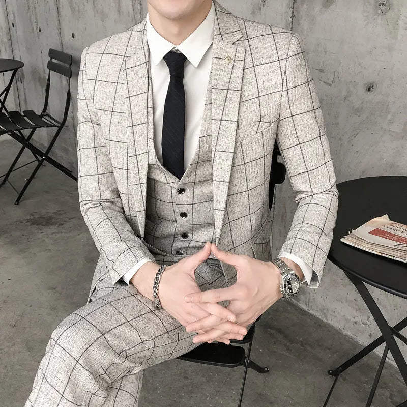 Men's slim fit plaid three-piece suit in chemical fibre viscose blend, available in khaki black dark blue grey