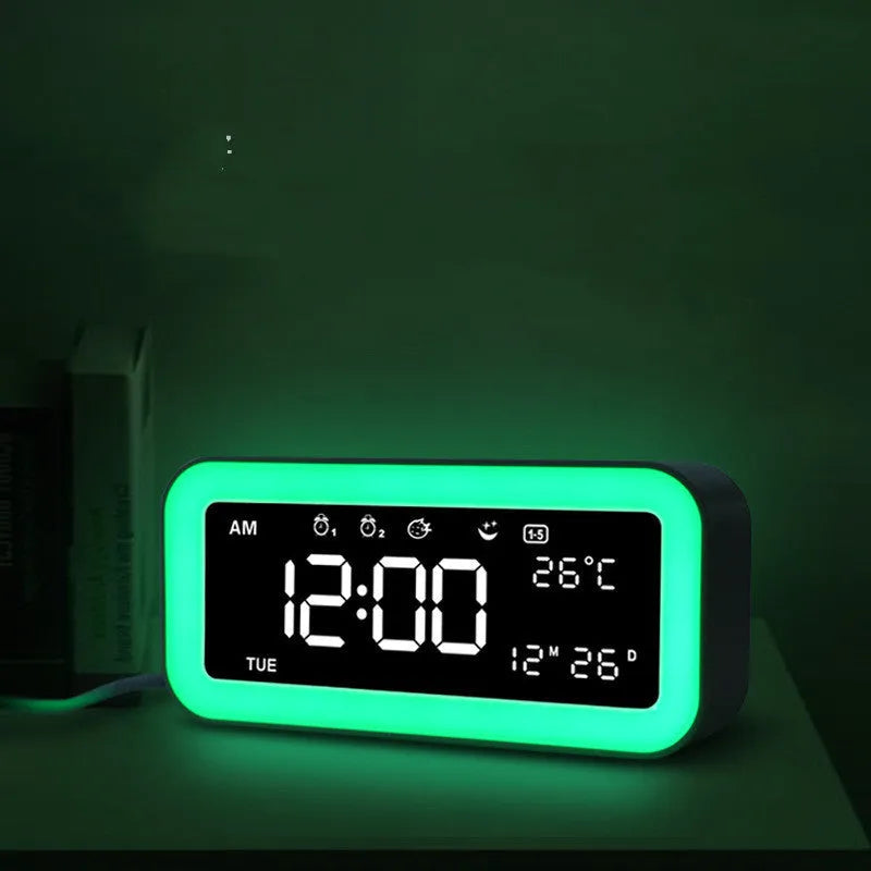 Blue rectangular LED atmosphere alarm clock with digital display and music function, 190x91x53mm