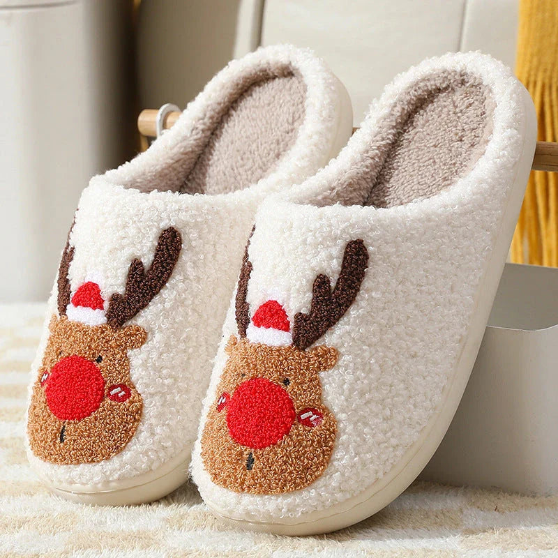 Cozy elk-themed winter home slippers in various candy colors with soft suede upper and supportive EVA sole