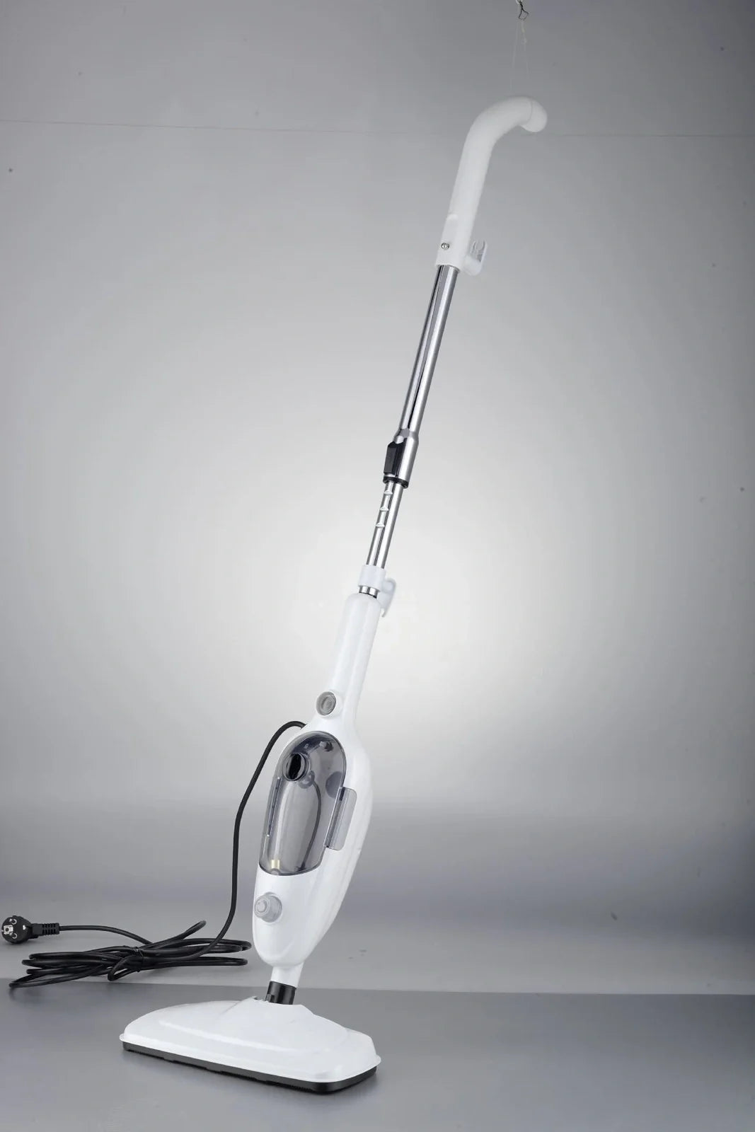 White multifunctional steam mop with 22x29x120cm dimensions, 10-in-1 accessories, and rectangular base for floor cleaning