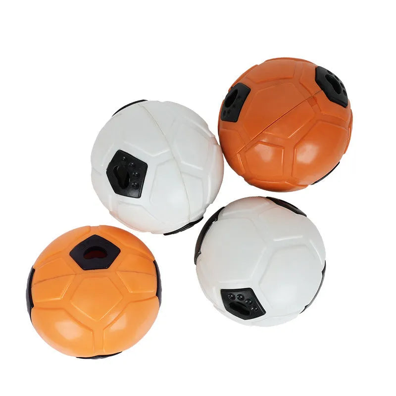 Orange and white TPR rubber dog chew ball toy, shown in hollow and teeth cleaning stick styles.