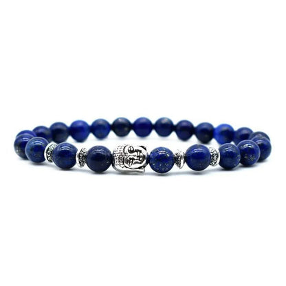 Unisex amethyst bracelet with a detailed Buddha head charm in one of five gemstone colours.