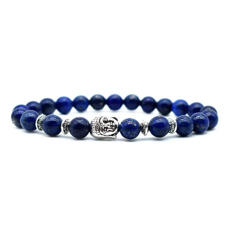 Tiger Eye bracelet for men and women featuring a Buddha head charm in five colour options including amethyst, black agate, pink crystal, green gold, and tiger eye stone, crafted from amethyst and sized at 19mm with unisex styling for everyday wear.