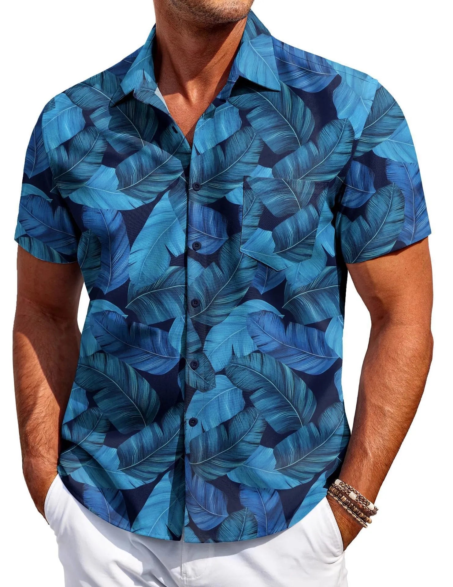 Man wearing a slim fit, short sleeve Hawaiian shirt with a digital print pattern in a casual setting