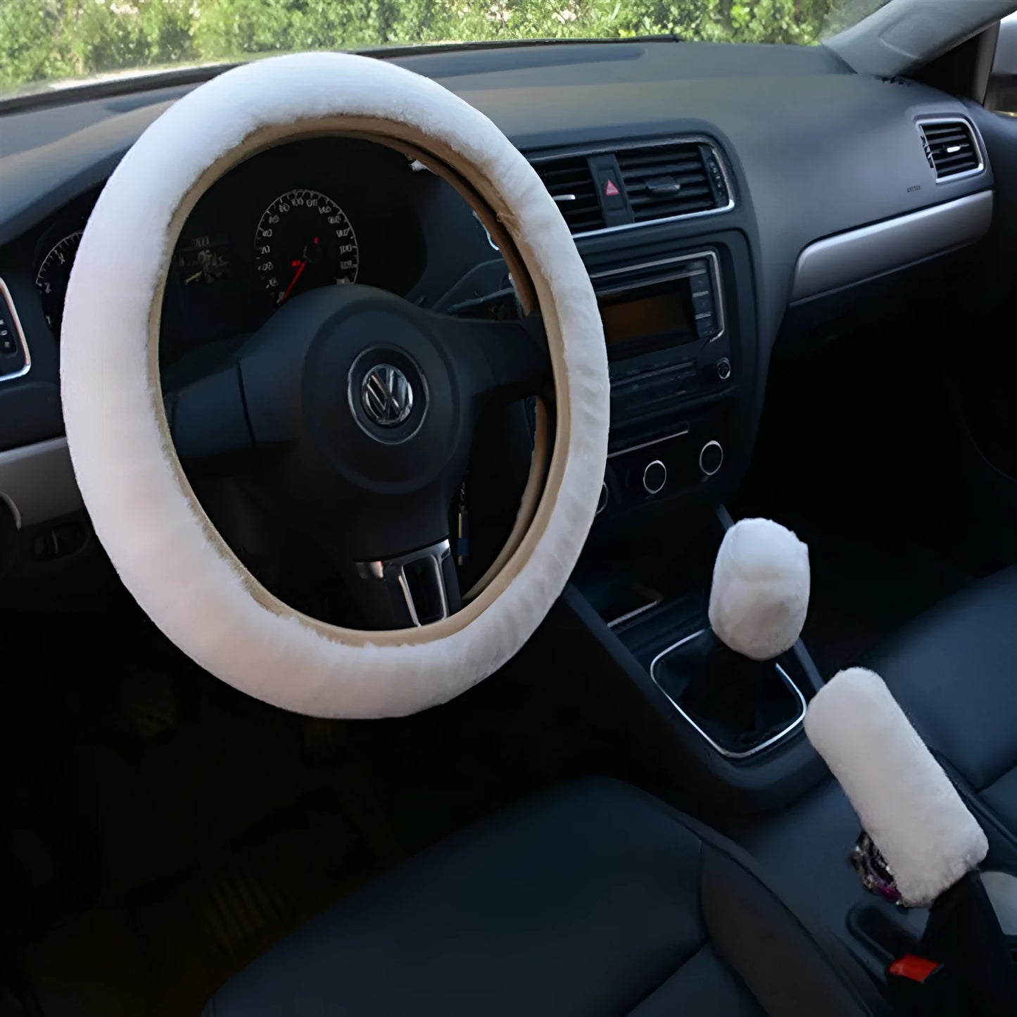 Plush winter steering wheel cover set with gear shift and handle covers in six colour options