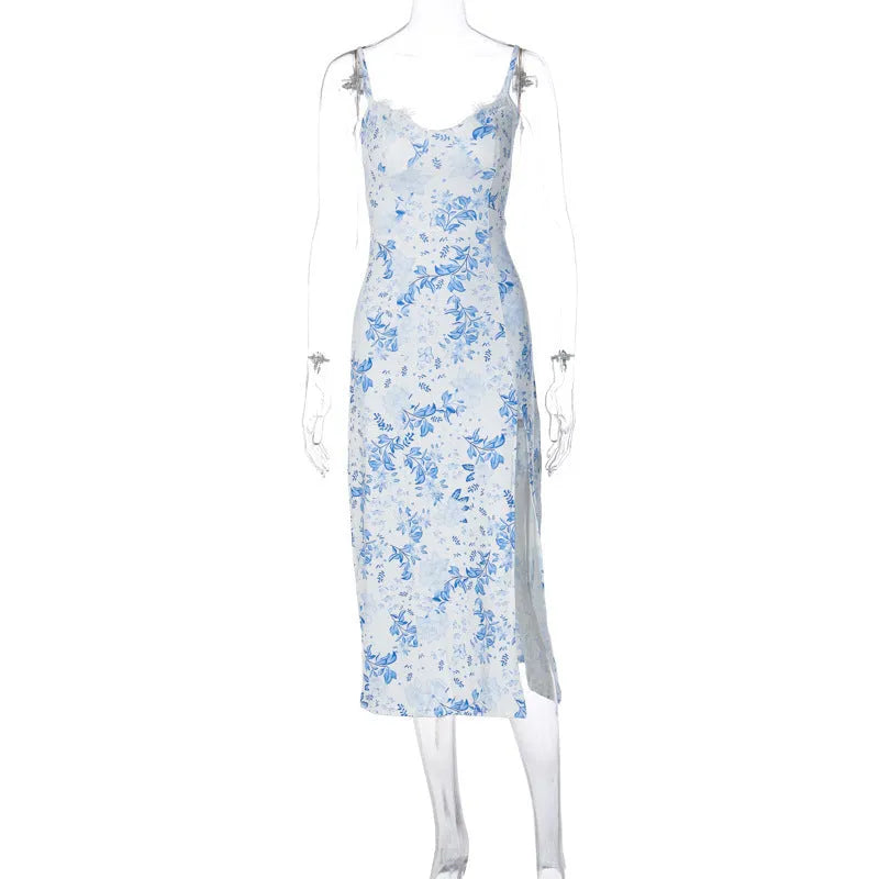 Women's long summer dress with lace flowers print, slit, and suspender straps in polyester fibre