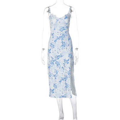 Women's long summer dress with lace flowers print, slit, and suspender straps in polyester fibre