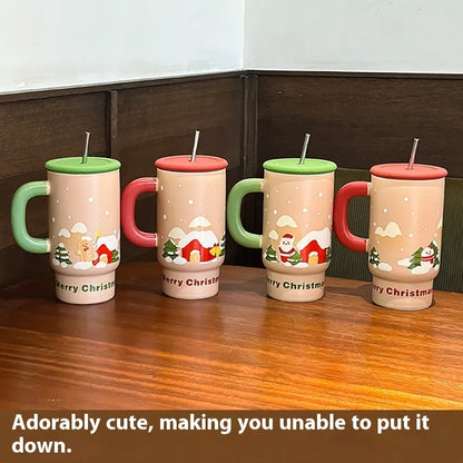 800ml white porcelain ceramic Christmas mug with cartoon pattern and cylindrical single-layer body