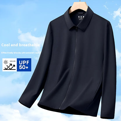 Navy blue summer business shirt with lapels made from ice silk fabric, shown on a hanger.