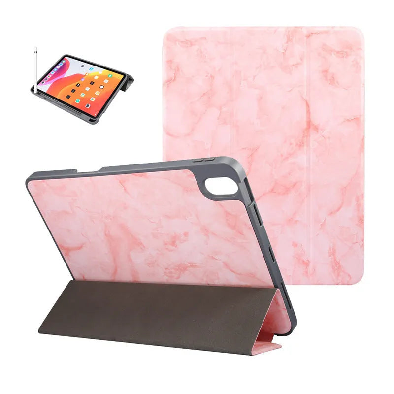 Tri-fold iPad case with marbling design showing pen slot and available in dark gray, creamy-white, purple, blue, and pink colours