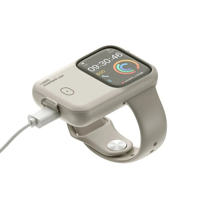 Apple Watch Ultra portable wireless power bank charging case in brown, midnight blue, or starlight.