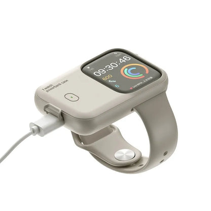 Apple Watch Ultra portable wireless power bank charging case in brown, midnight blue, or starlight.