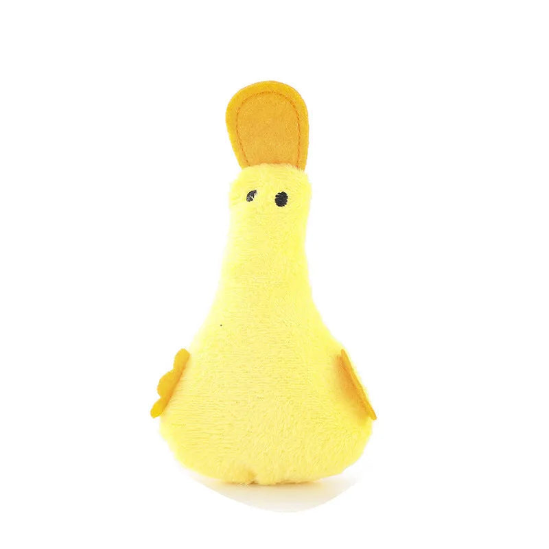 Duck-shaped plush pet toy with catnip filling and squeak mechanism for dog and cat play