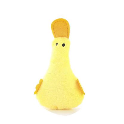 Duck-shaped plush pet toy with catnip filling and squeak mechanism for dog and cat play