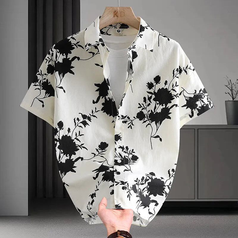 Men's Hawaiian floral print short sleeve cotton shirt in cardigan style