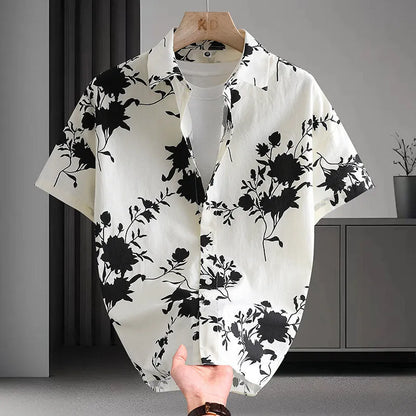 Men's Hawaiian floral print short sleeve cotton shirt in cardigan style