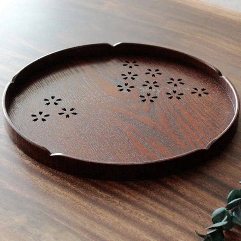 Wooden plate with hollow cherry blossom pattern, 30cm diameter, shallow 2cm depth