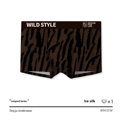 Men's leopard print polyester underwear trunks in mid waist style on a white background.