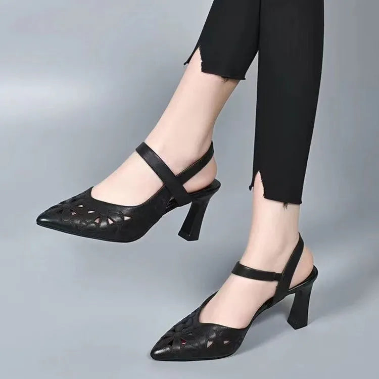 Pointed toe sandals with backless design, soft leather upper, and hollowed toe box for women's high heels in beige, black, or red sizes 35-41, featuring a rubber sole for lightweight non-slip wear