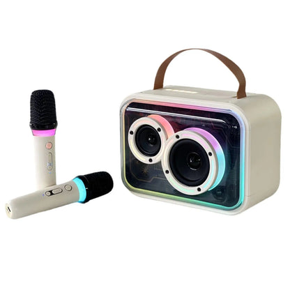 Light yellow portable Bluetooth karaoke speaker with wireless microphone and colourful RGB lights.