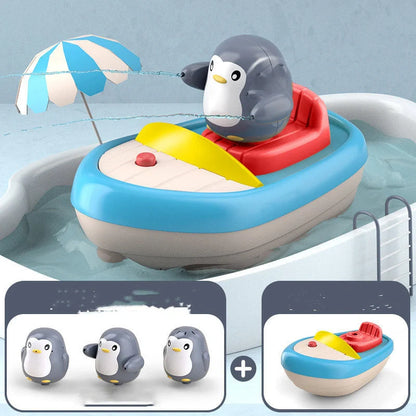 Electric penguin water jet boat toy with 3 sprinkling penguins for toddler bath time
