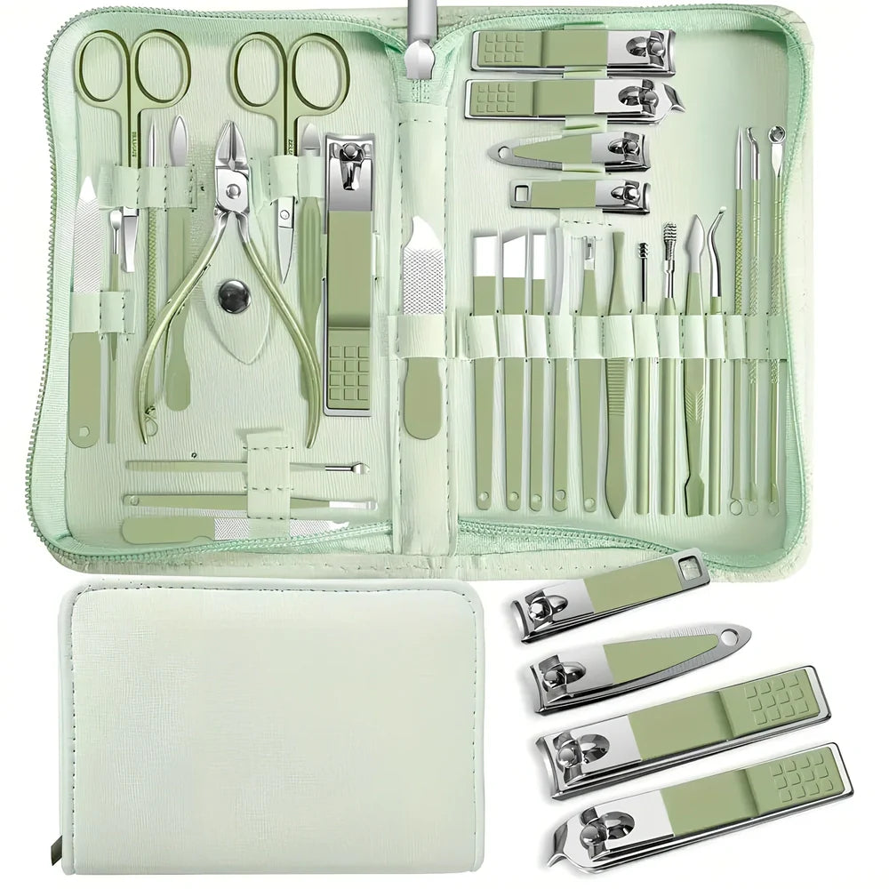 30-piece stainless steel nail beauty tool set showing five colour options with 260g weight