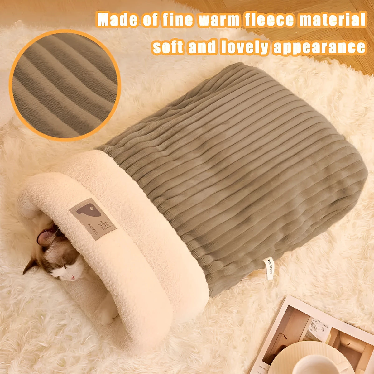 Semi-enclosed plush pet sleeping bag in brown, grey or white, sizes L and M