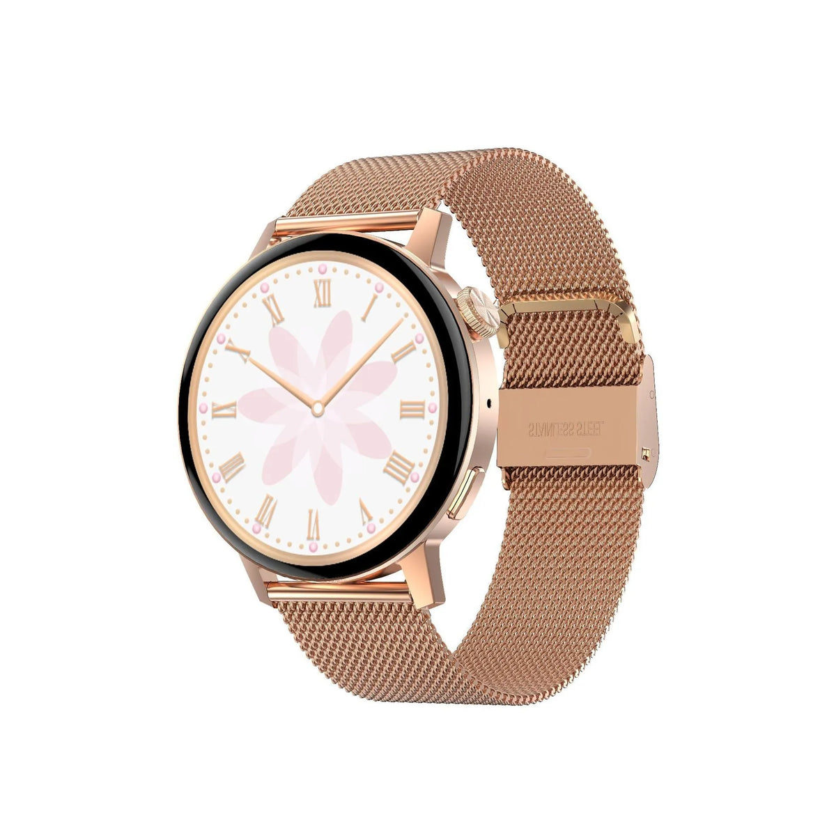 Simple metal smartwatch with black silicone strap and 1.45-inch screen displaying heart rate.