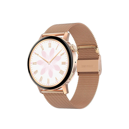 Simple metal smartwatch with black silicone strap and 1.45-inch screen displaying heart rate.