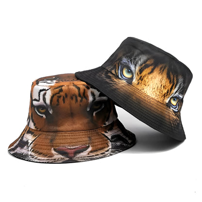 Tiger pattern bucket hat in polyester fabric with dome crown, khaki and black camouflage options