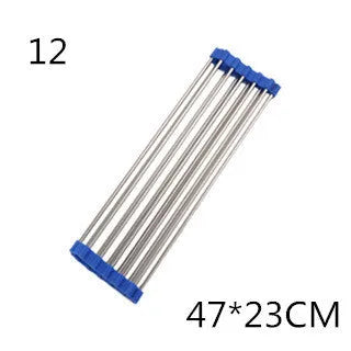 Folding stainless steel kitchen drain rack with coloured plastic tubes, shown open for use.