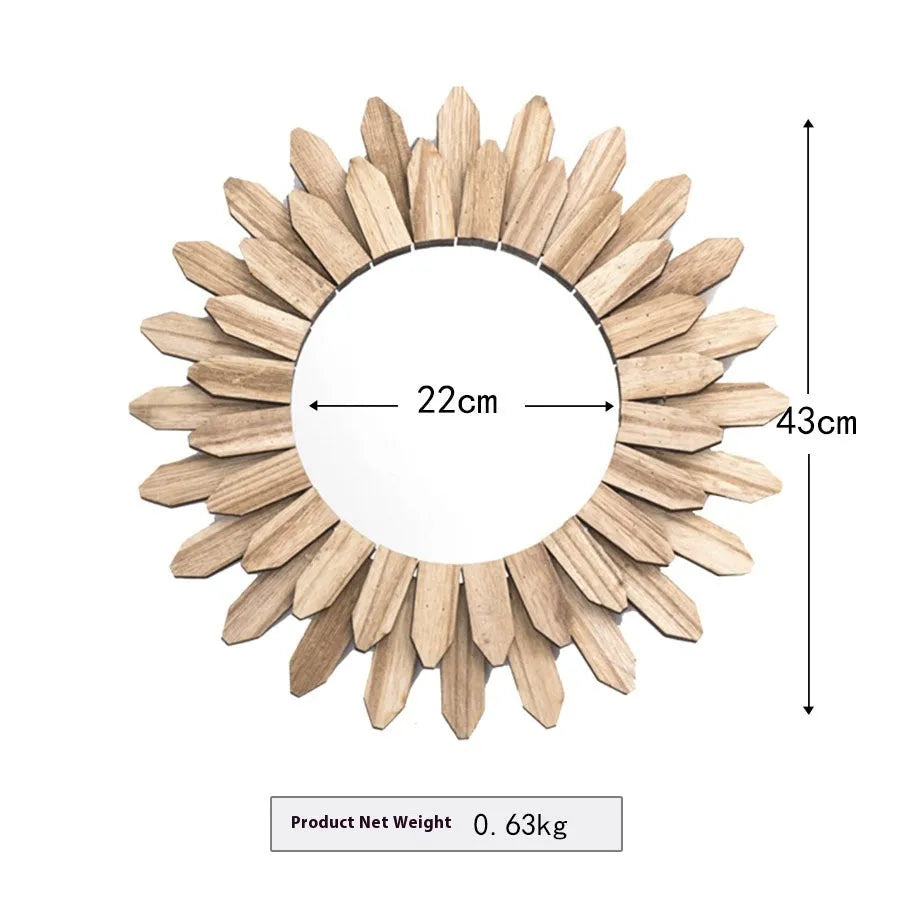 Round European-style solid wood hanging mirror with baked colour frame on a wall.