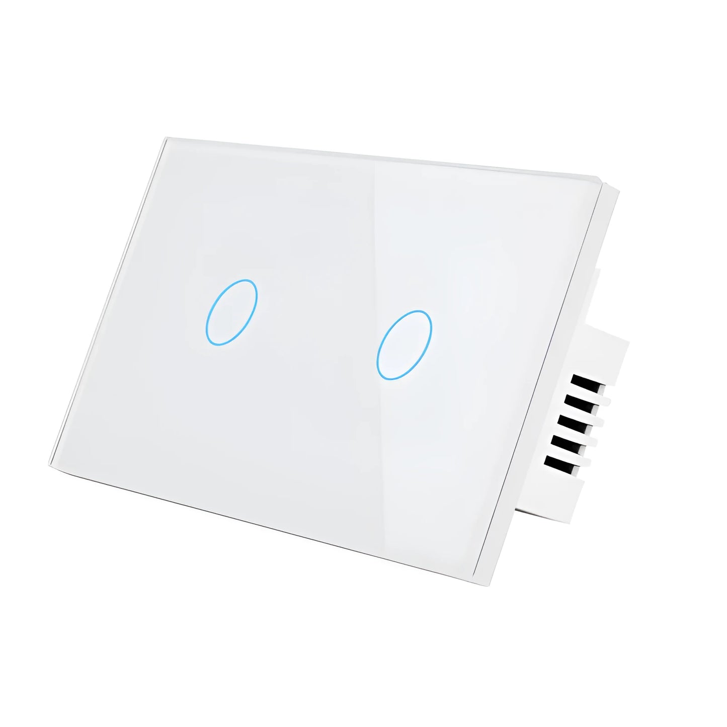 White tempered glass smart touch light switch with blue LED indicator on a UK wall.