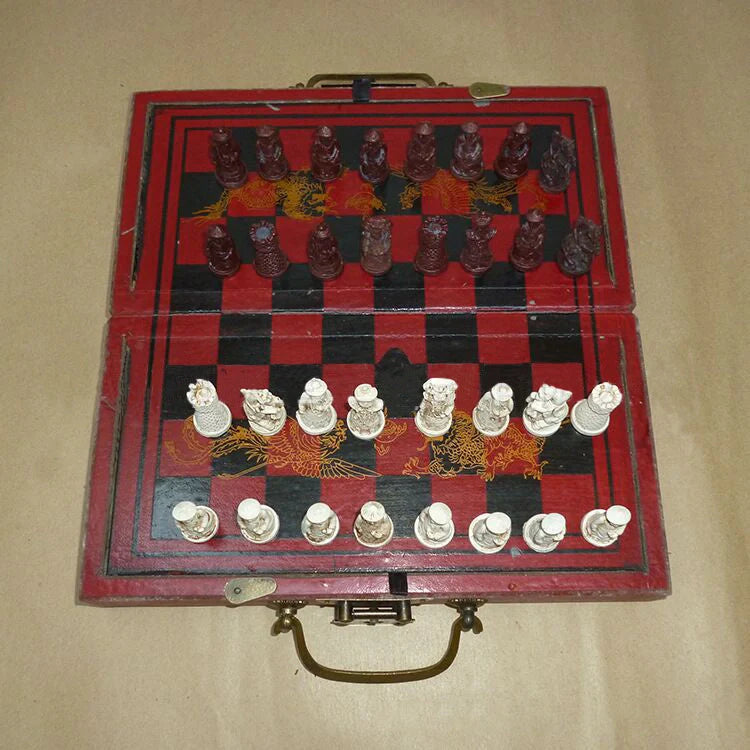 Handcrafted antique terracotta chess set with folding wooden board and polymer resin pieces