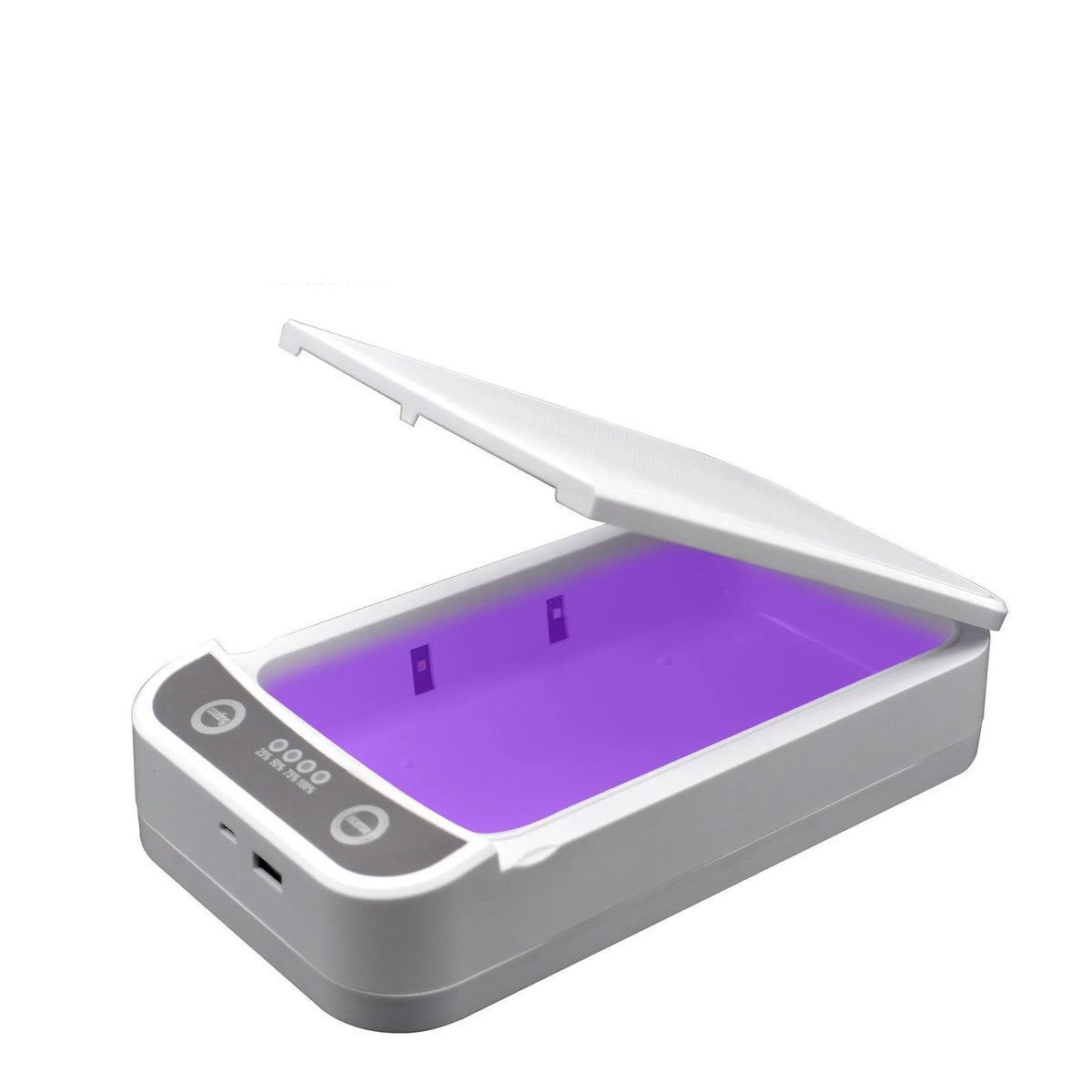 Compact UV disinfection box showing internal chamber with four UV-C lamps for sanitising mobile phones