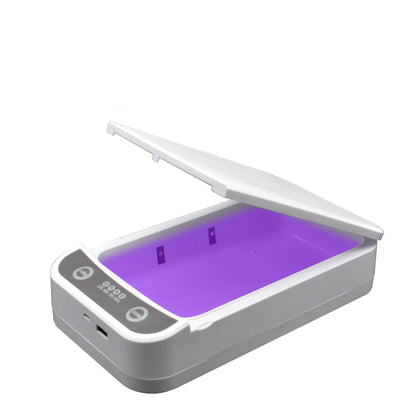 Compact UV disinfection box showing internal chamber with four UV-C lamps for sanitising mobile phones