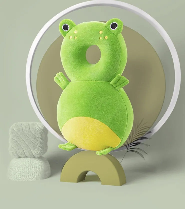 Round baby neck pillow in animal design with elastic straps for anti-fall protection.