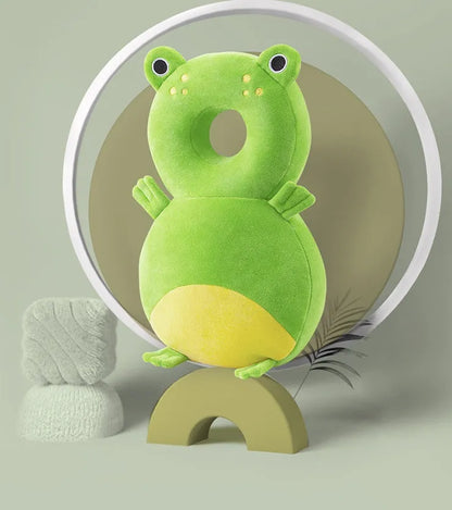 Round baby neck pillow in animal design with elastic straps for anti-fall protection.